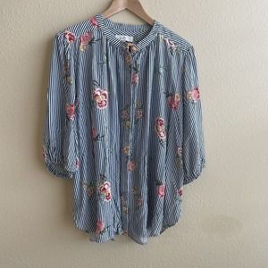 Loft Blouse Womens XL Blue Striped Floral Button Front Balloon Sleeve Top